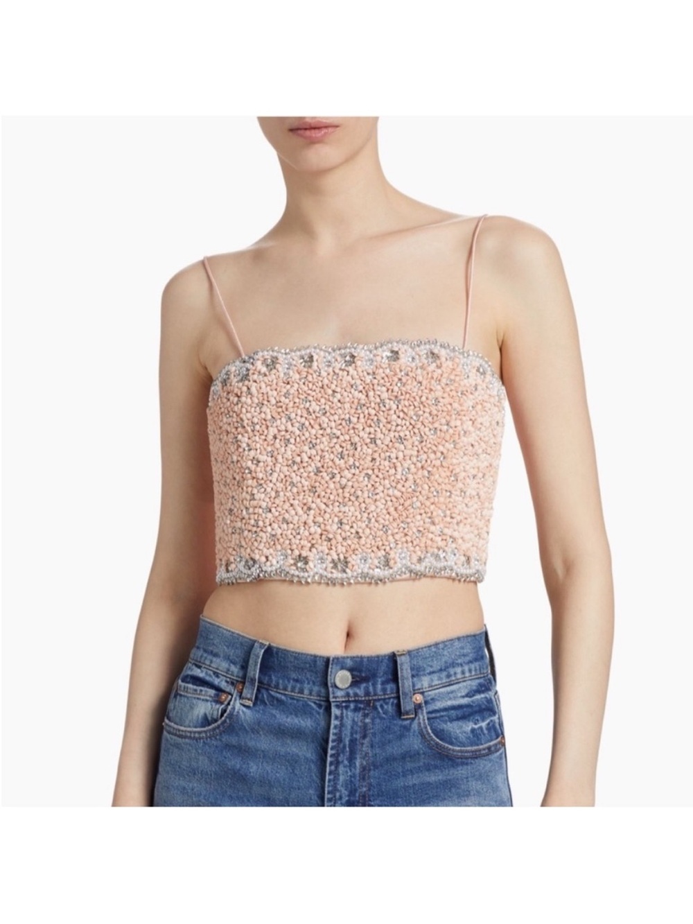 Alice + Olivia Peachy Pink Textured Cropped Cami Top with Silver Trim